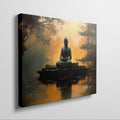 Framed canvas print of Buddha silhouette before an orange sunset with tree reflections on water