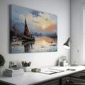 Framed canvas print of impressionist sailboat at sunset with vibrant sky and reflective water