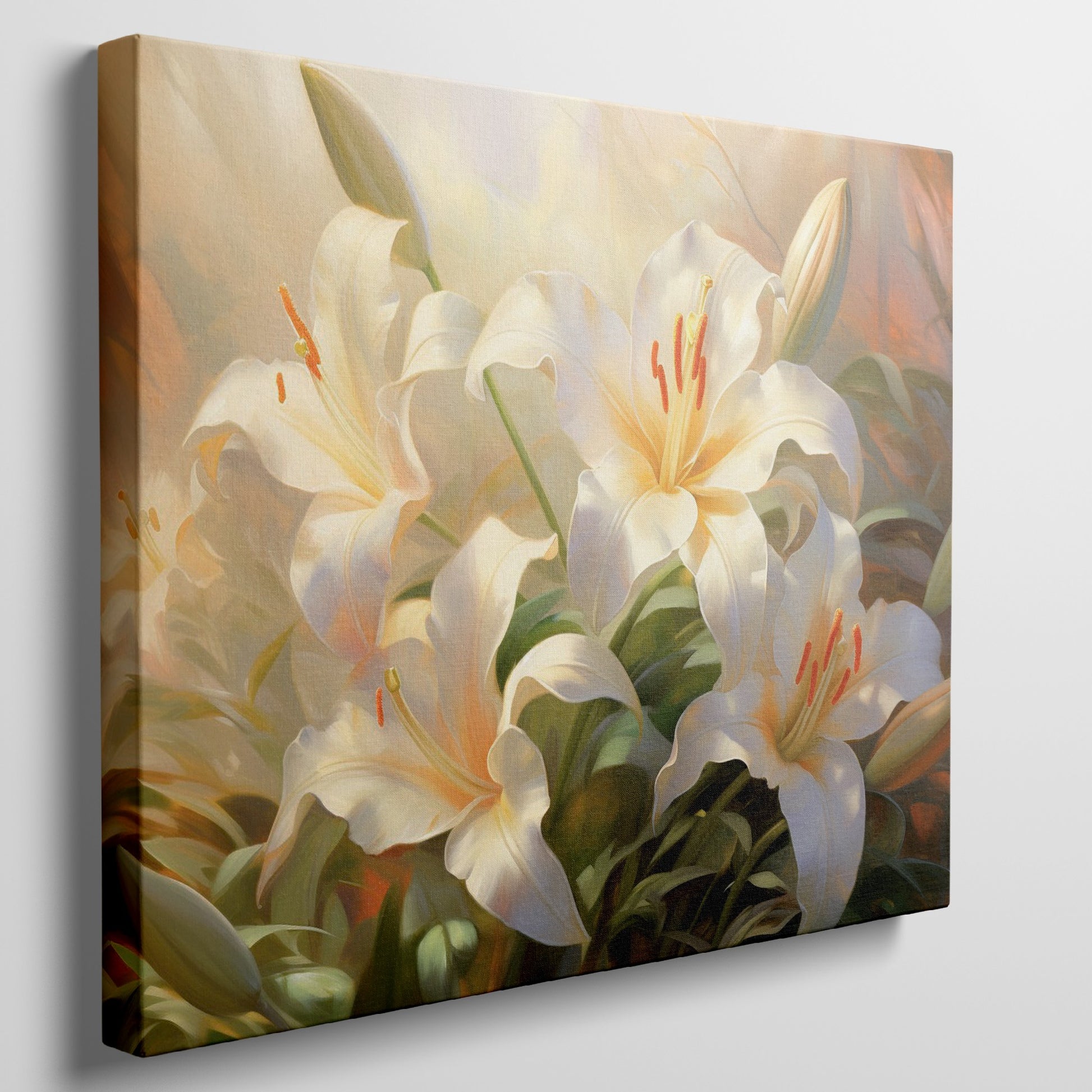 Framed canvas print of serene white lilies with a warm colour palette and lush greenery