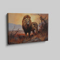 Framed canvas print of a majestic lion in an African savannah sunset