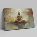 Framed canvas print of a serene Buddha in meditation with an abstract, earth-toned backdrop and reflective water