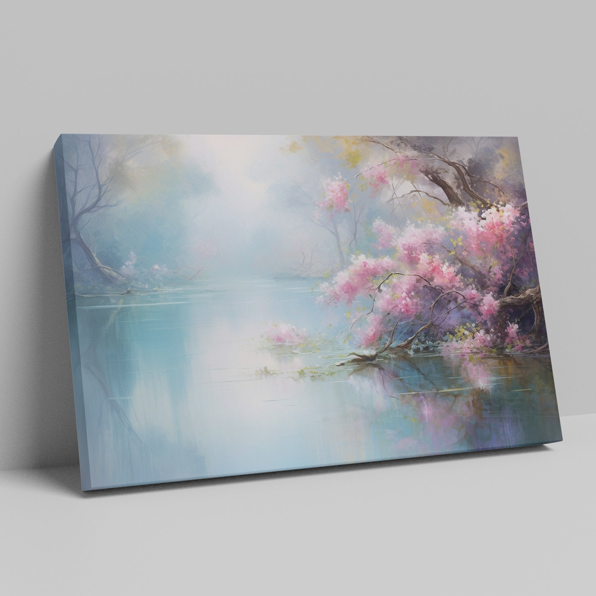 Framed canvas print of a tranquil lakeside scene with cherry blossoms and misty atmosphere