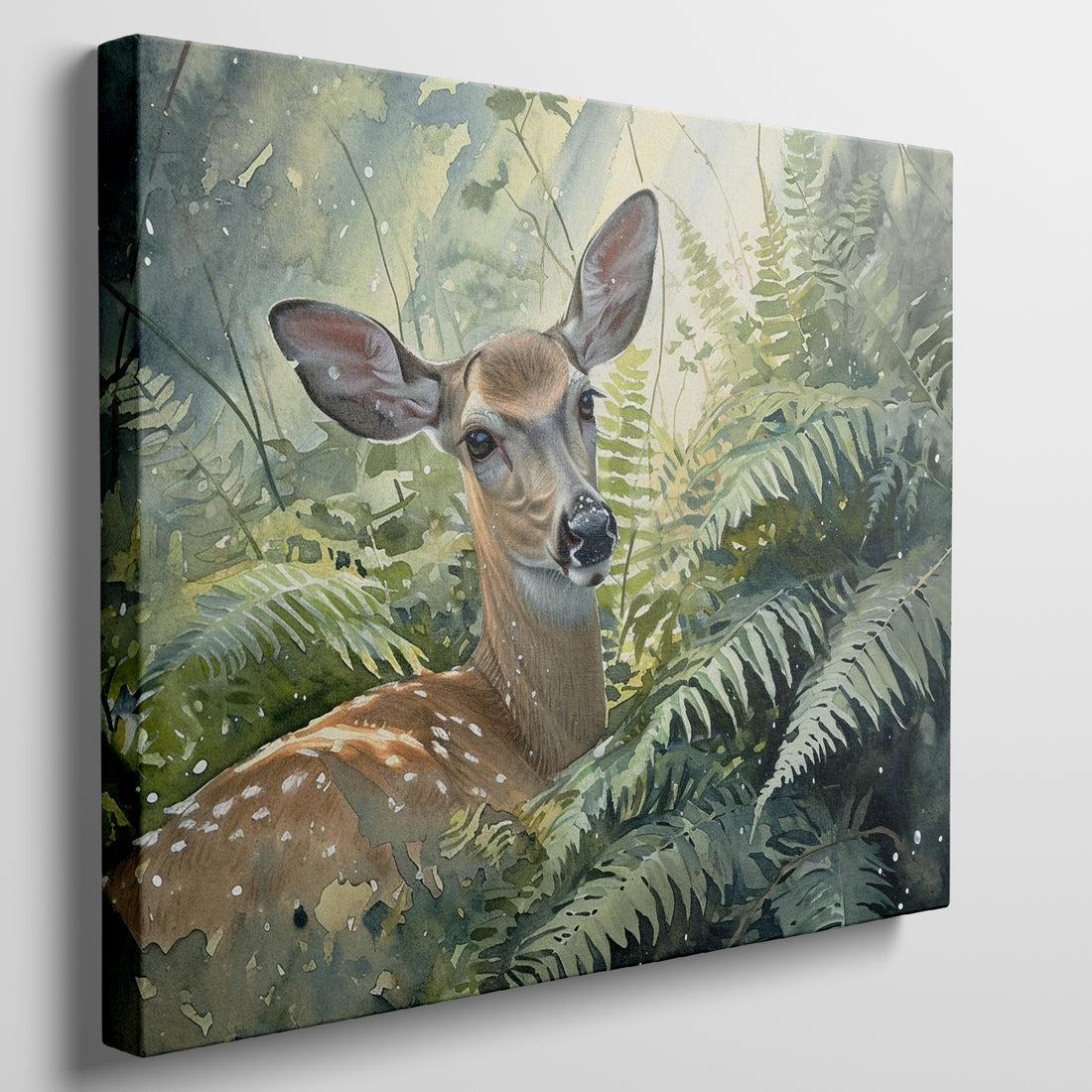 Framed canvas print of a realistic deer in a verdant forest setting, highlighted with shades of green and brown