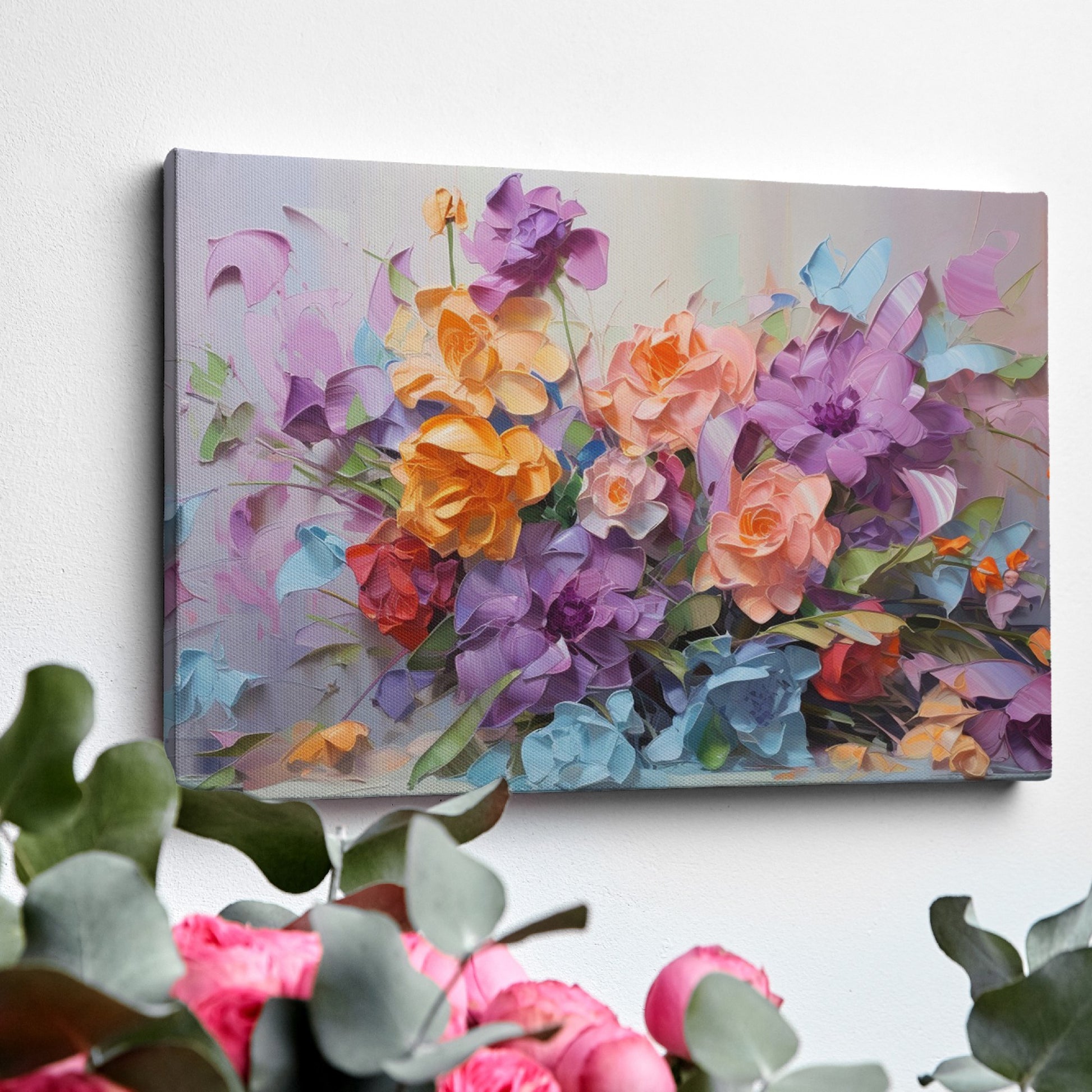 Framed canvas print of vibrant painted flowers, impressionist style with colourful bouquet