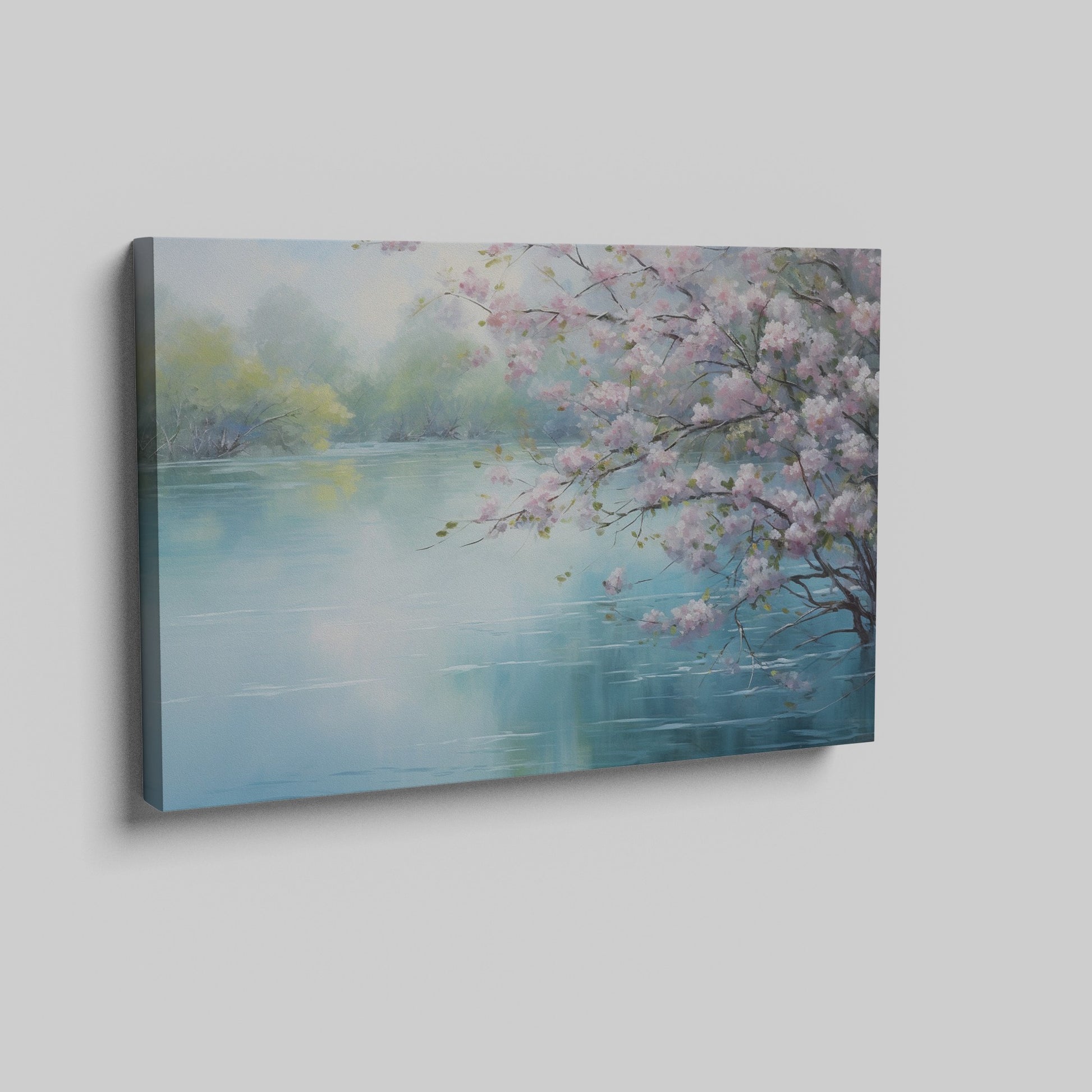 Framed canvas print of Cherry Blossoms by a Tranquil Lake with Pastel Colours