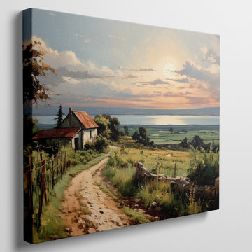 Framed canvas print of a rustic farmhouse and path leading to a sunset over the sea