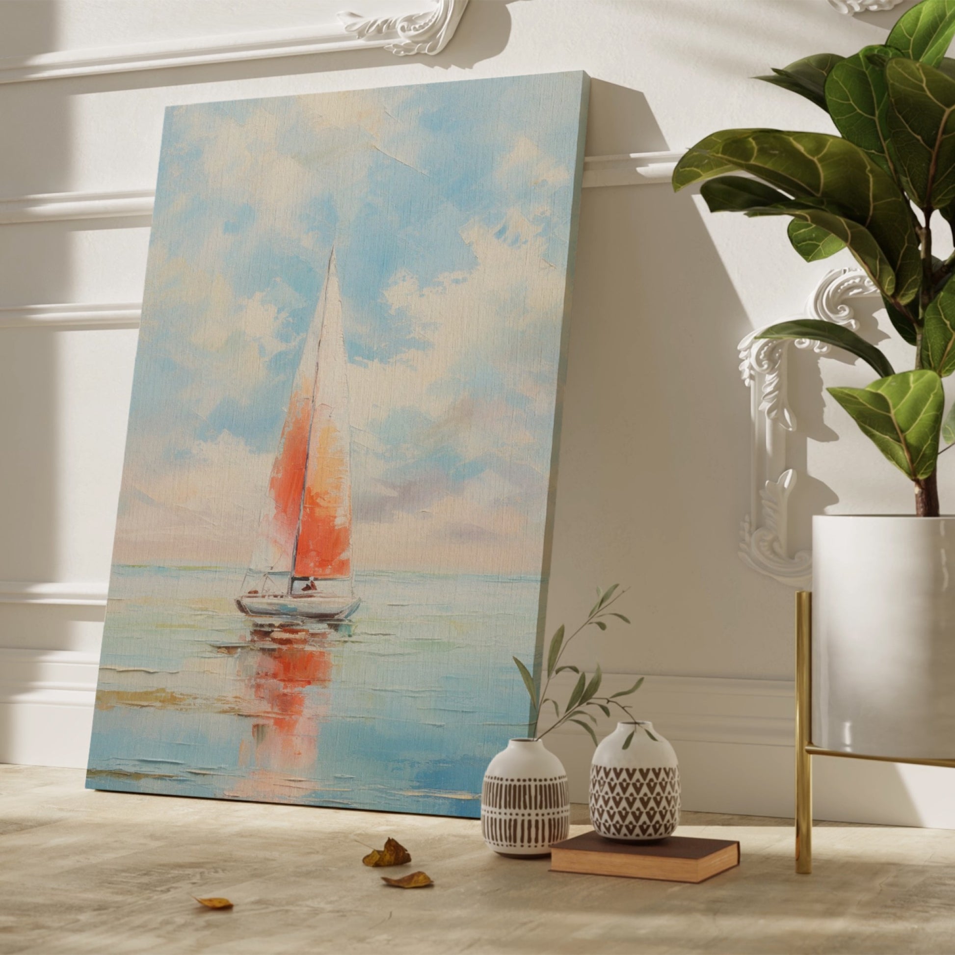 Framed canvas print of a vibrant sailboat against a pastel sunset sky reflected on tranquil ocean waters