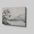 Framed canvas print of a monochrome Oriental ink wash landscape with misty mountains and a tree silhouette