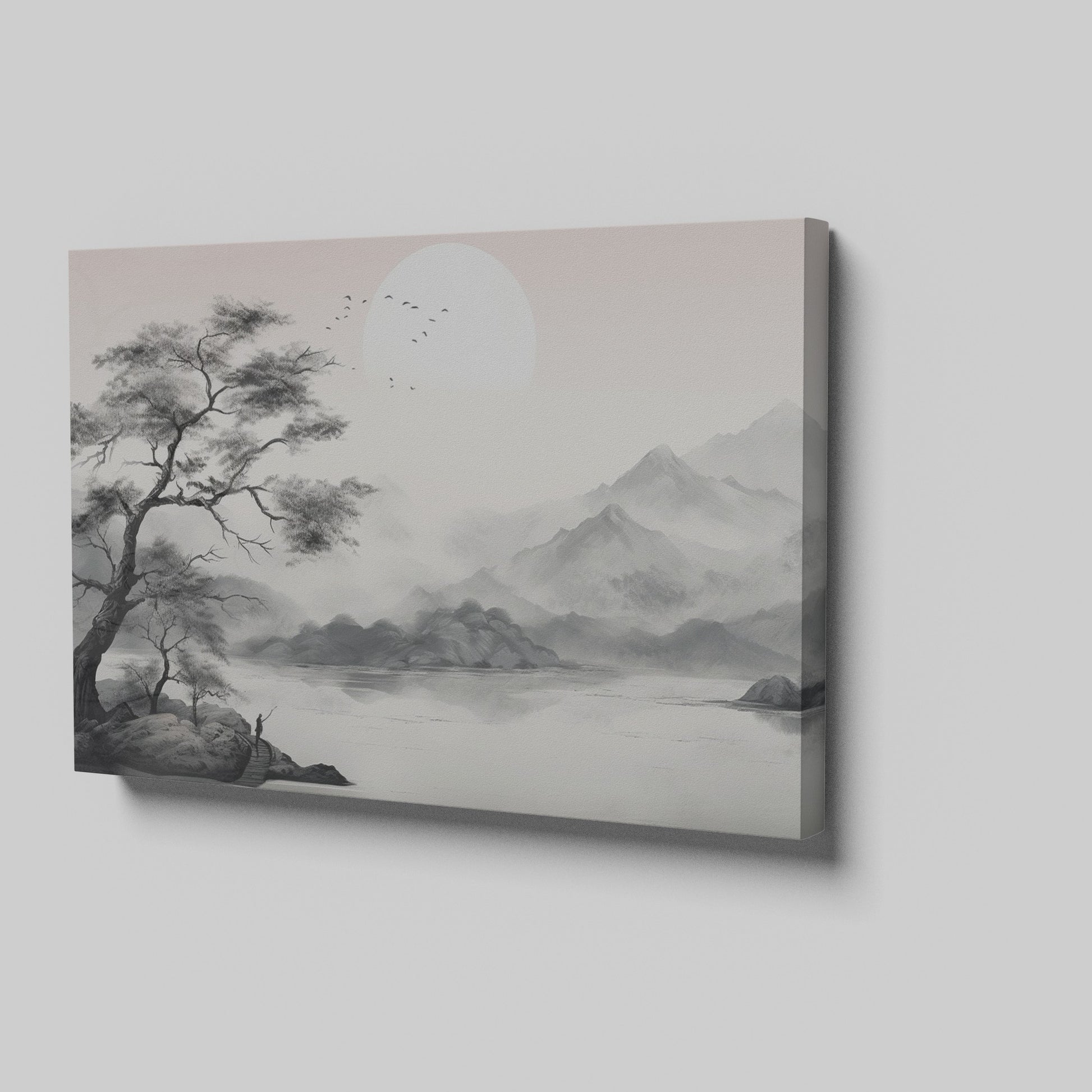 Framed canvas print of a monochrome Oriental ink wash landscape with misty mountains and a tree silhouette