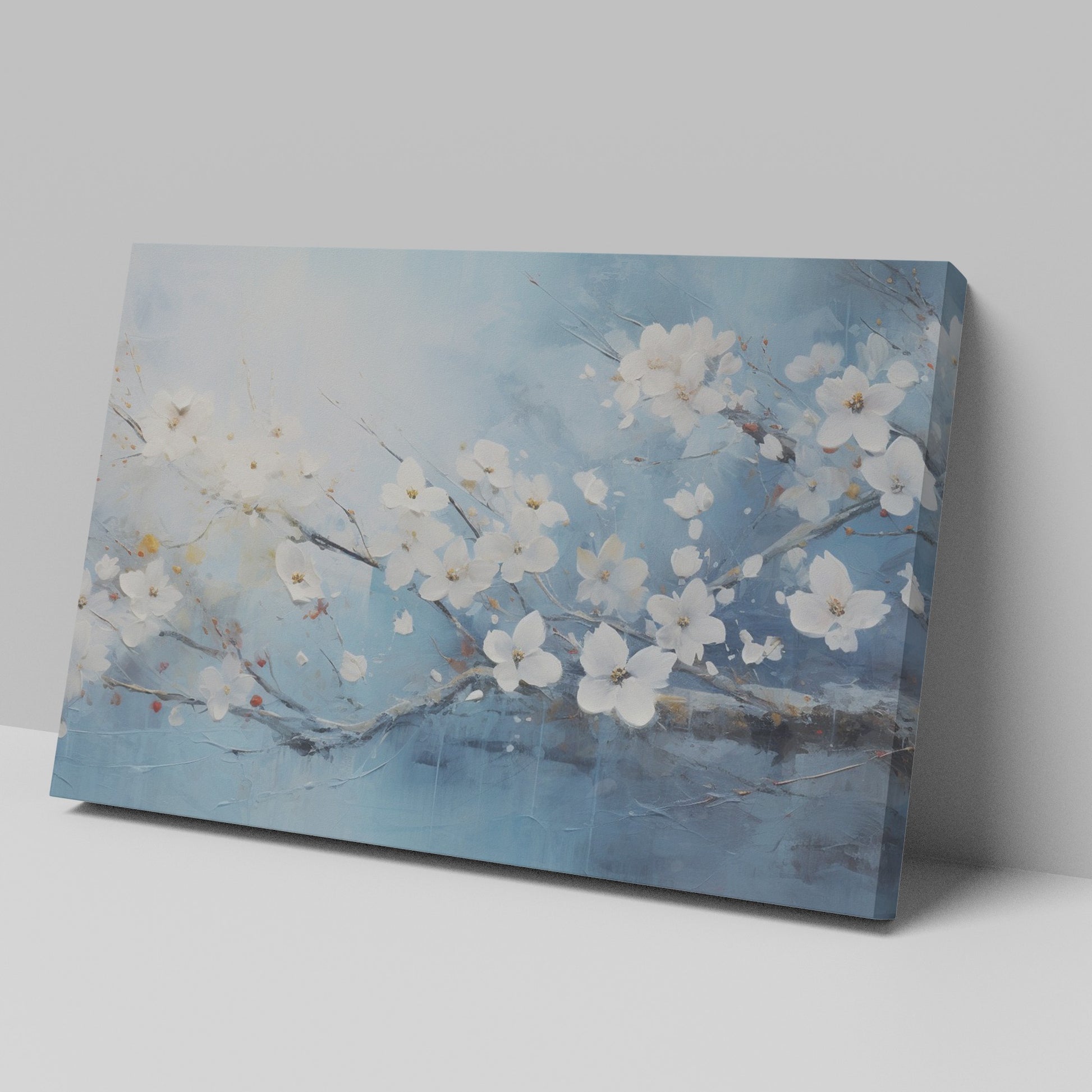 Framed canvas print of elegant white blossoms on a serene blue background with impasto textures