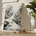 Framed canvas print of a misty river waterfall amid rugged rocks and a serene forest