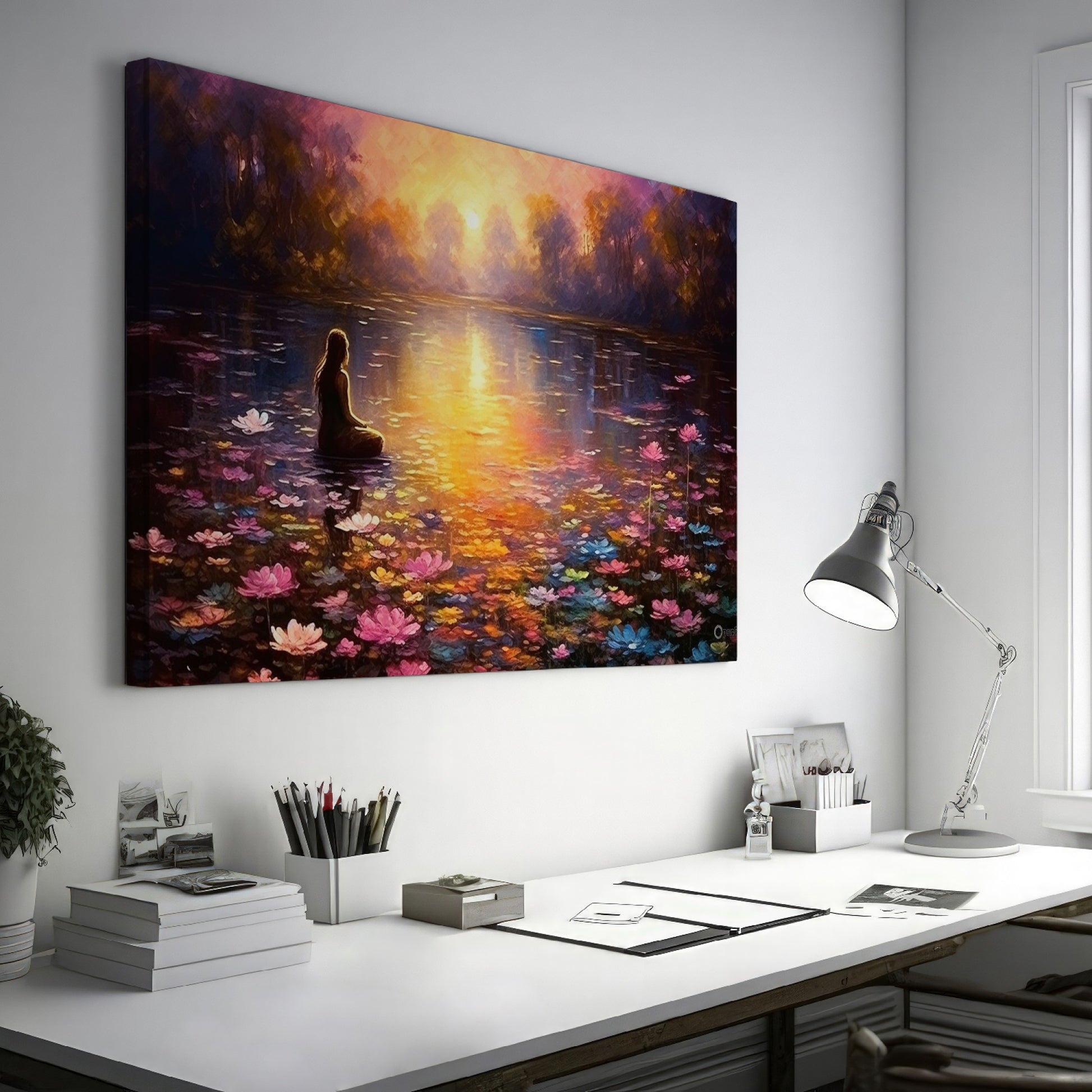 Framed canvas print of tranquil sunset over a lake with a thoughtful woman and colourful water lilies