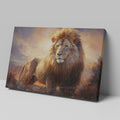 Framed canvas print of a majestic lion against a fiery sunset background