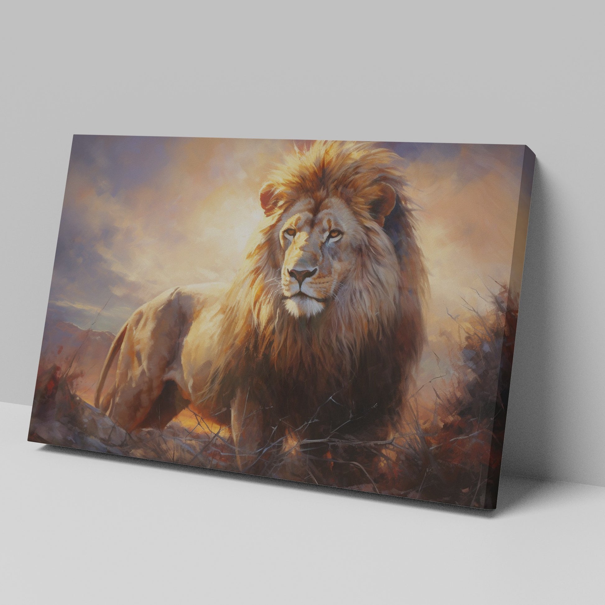 Framed canvas print of a majestic lion against a fiery sunset background