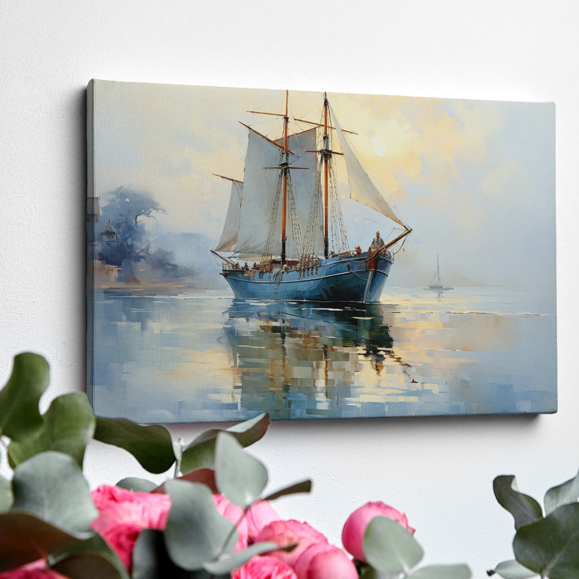 Framed canvas print of tranquil dawn light with an elegant sailing ship reflecting in the ocean