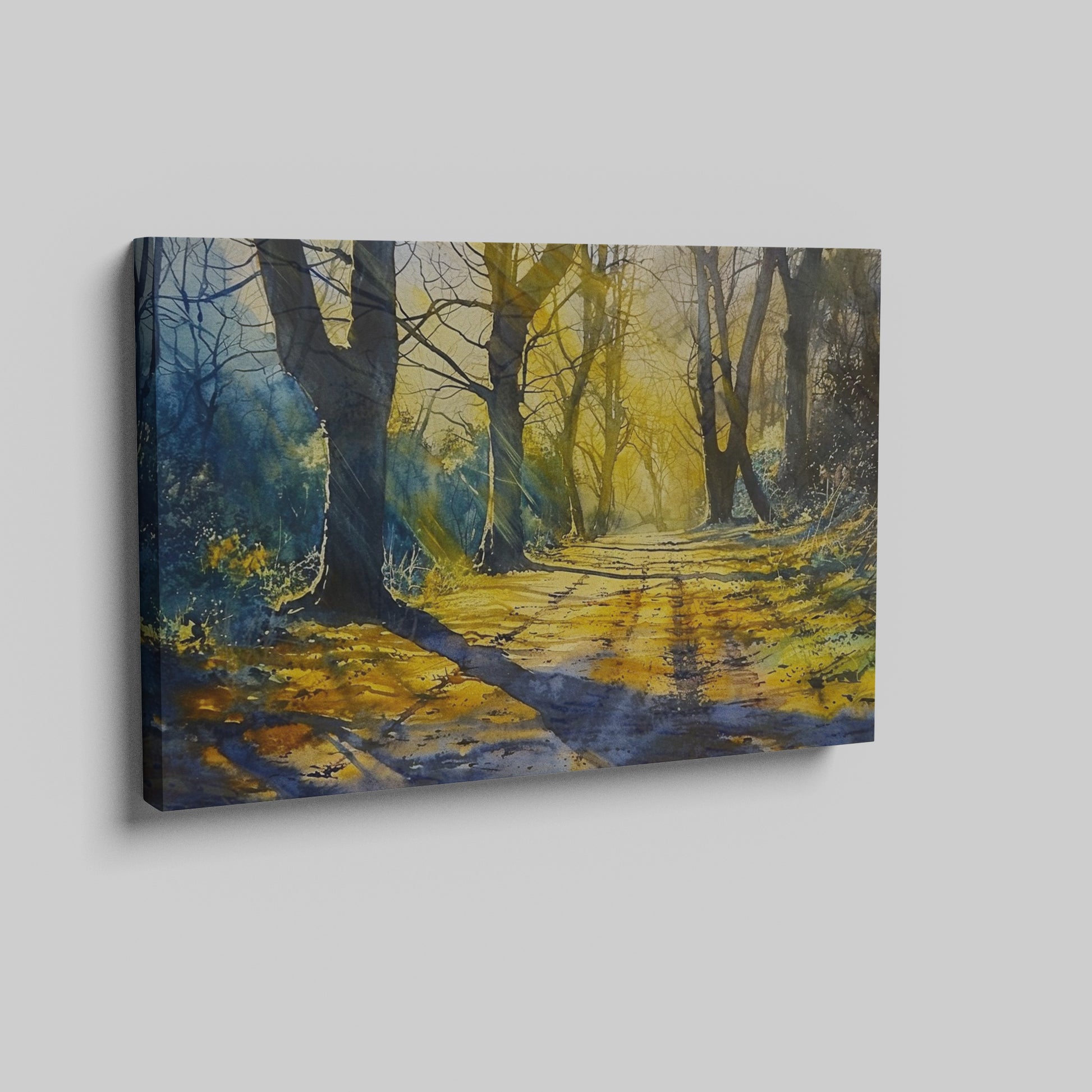 Framed canvas print of a sunlit path through a misty forest in watercolour with vibrant yellow and cool blue tones