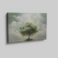 Framed canvas print of a surreal tree floating above a calm lake with birds and ethereal clouds