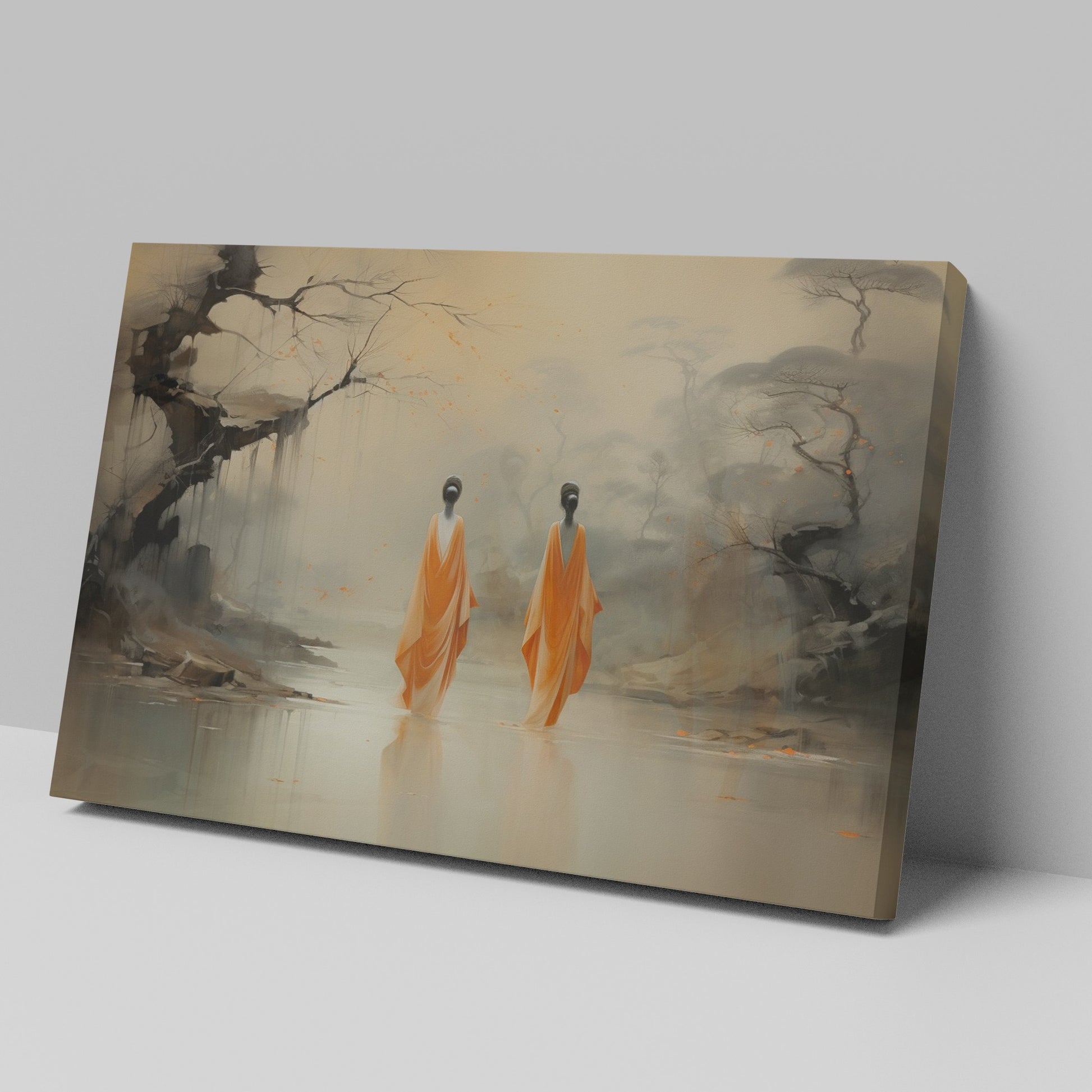 Framed canvas print of monastic figures in saffron robes by a misty river amidst autumn trees