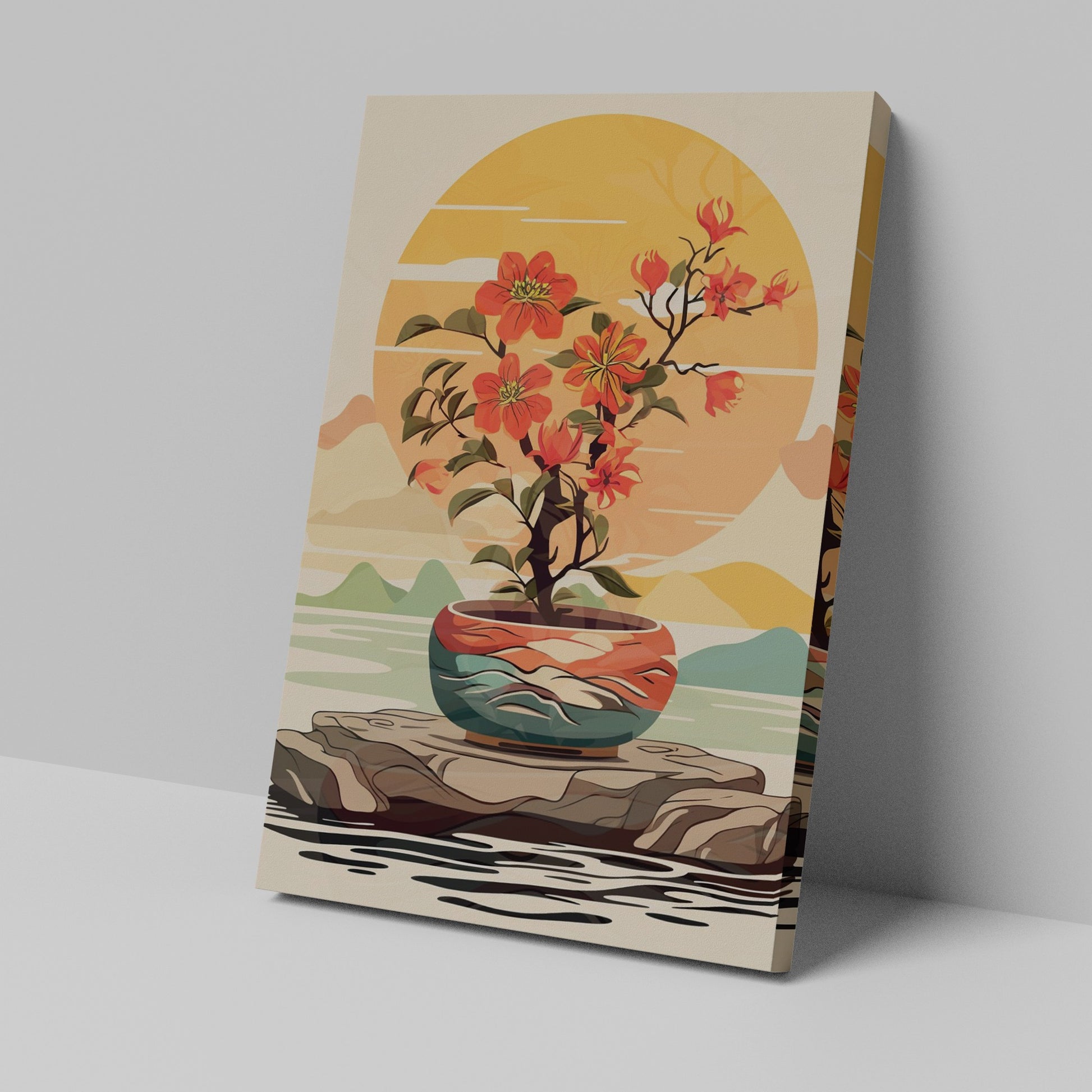 Stylized illustration of an orange bonsai tree in a colorful pot with a sunset and mountains in the background