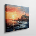 Framed canvas print of a sunset seascape with a lighthouse on a cliff