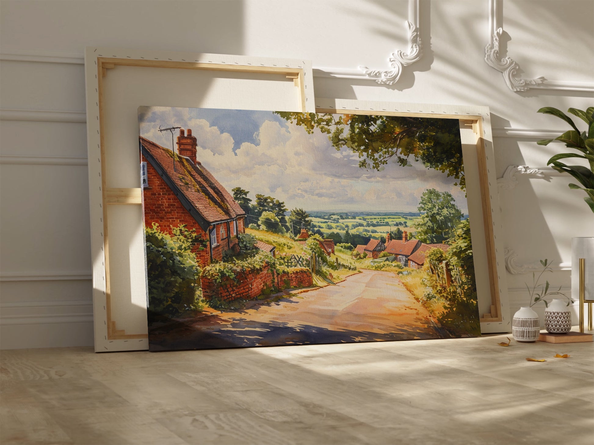 Framed canvas print of a summer countryside scene with traditional brick houses and a country road