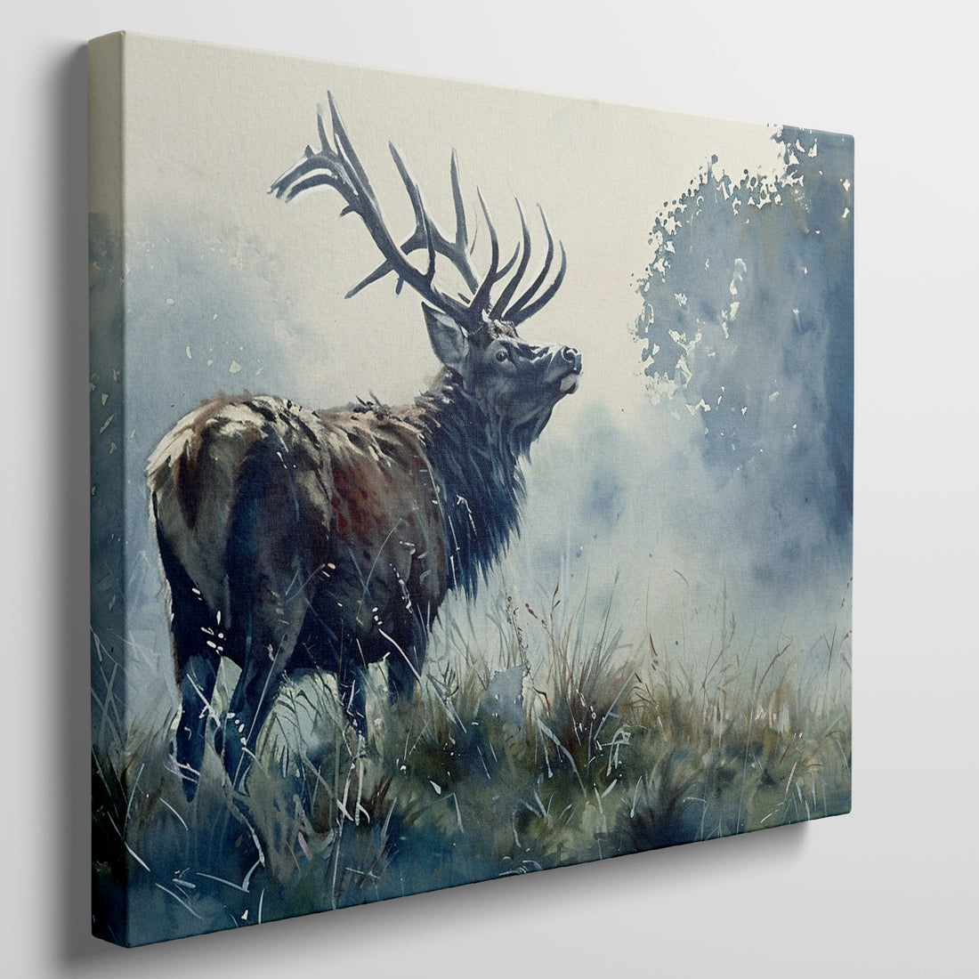 Framed canvas print of a majestic stag in watercolor style