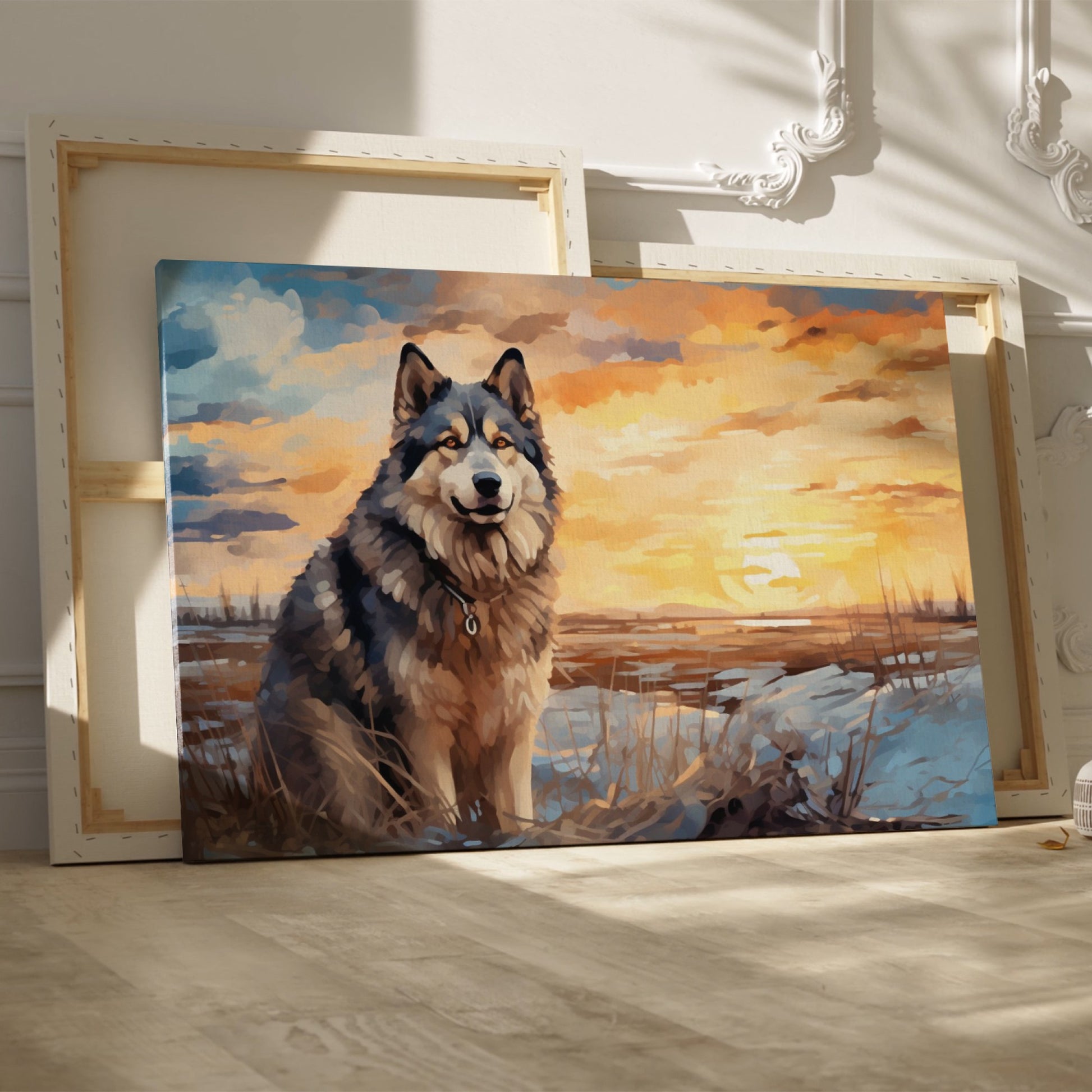 Framed canvas print of a Siberian Husky against a sunset landscape