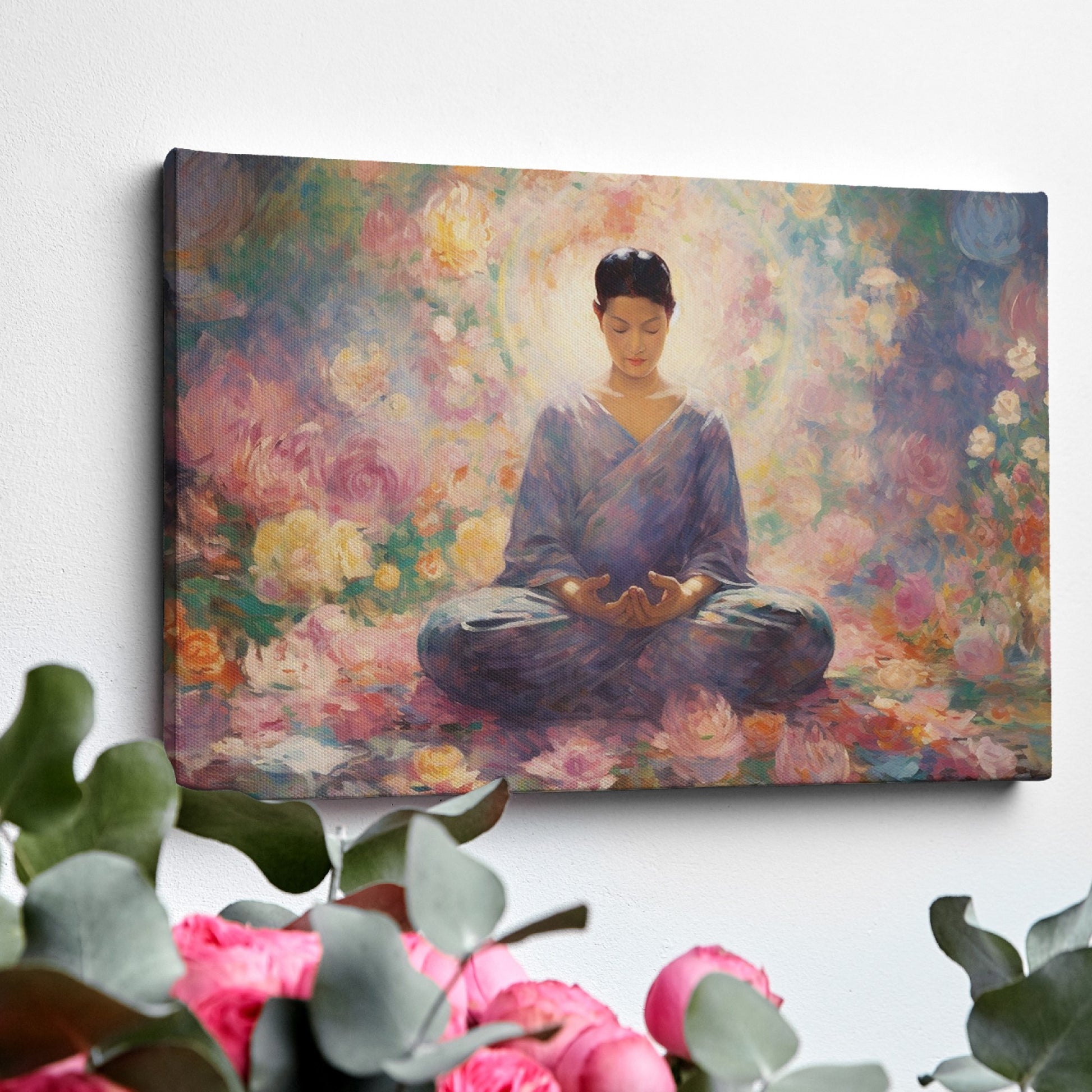 Framed canvas print of a meditative figure in a floral garden with soft pastel tones