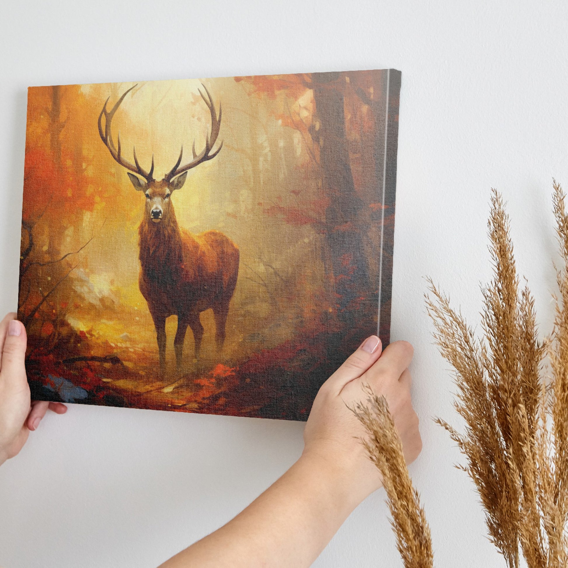 Framed canvas print of a majestic stag in a vivid autumn forest