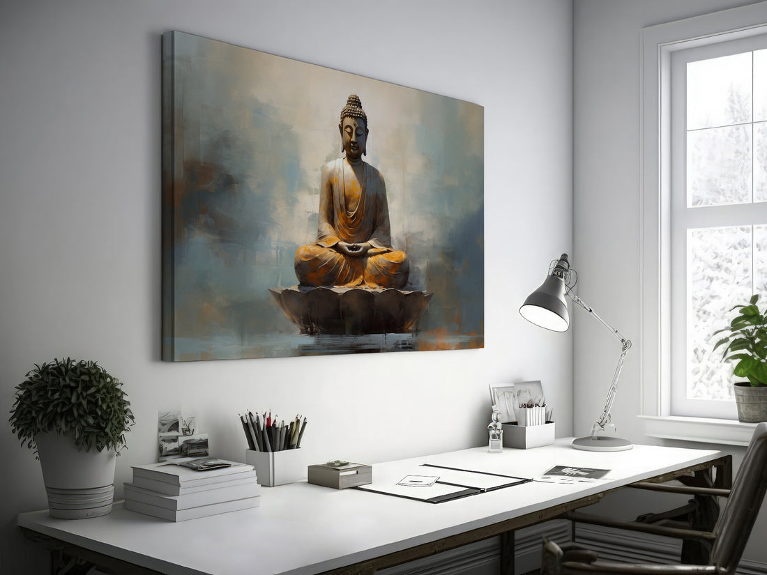 Framed canvas print of a serene Buddha in meditation with golden and blue hues