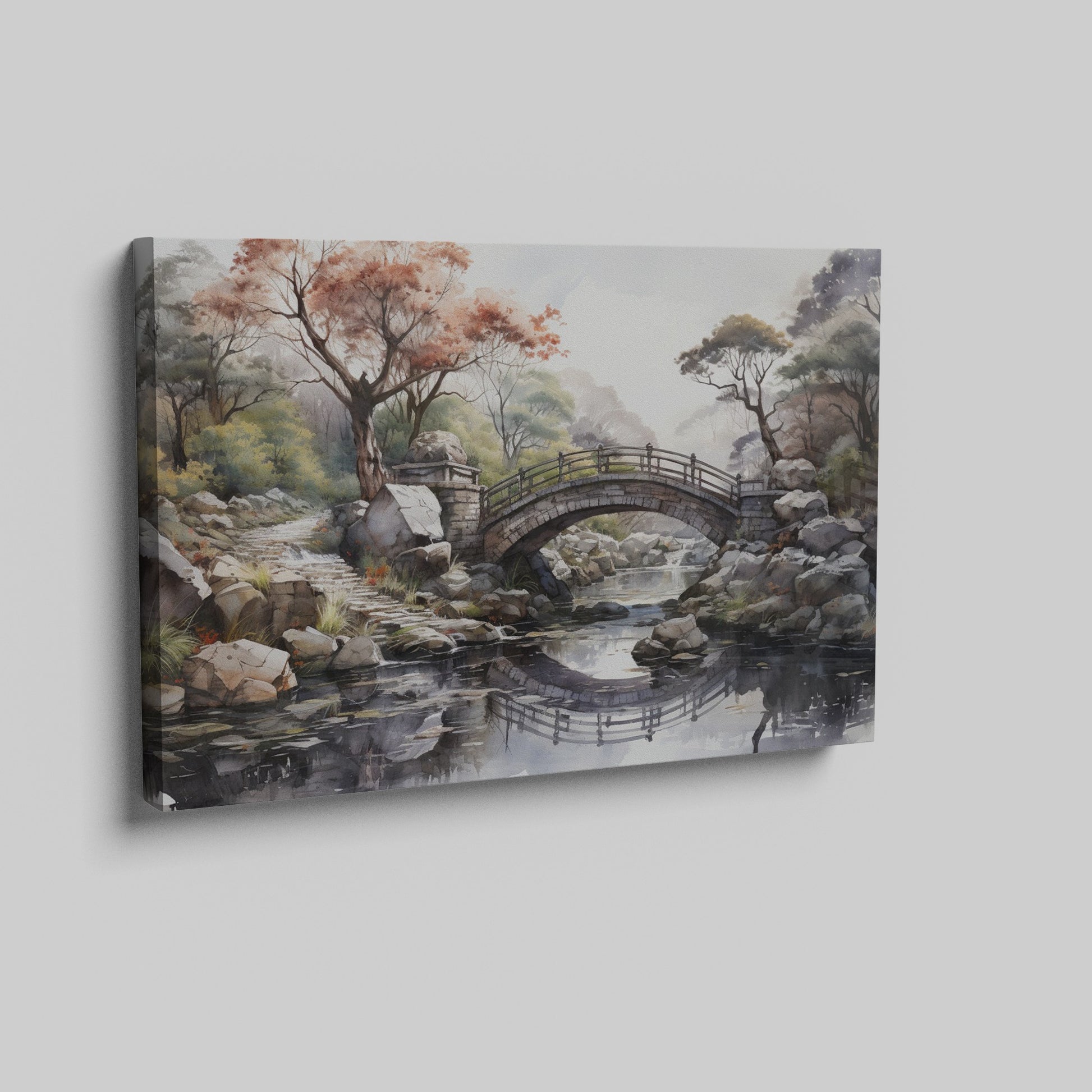 Framed canvas print of an autumnal stone bridge over a serene stream, surrounded by trees with watercolour details