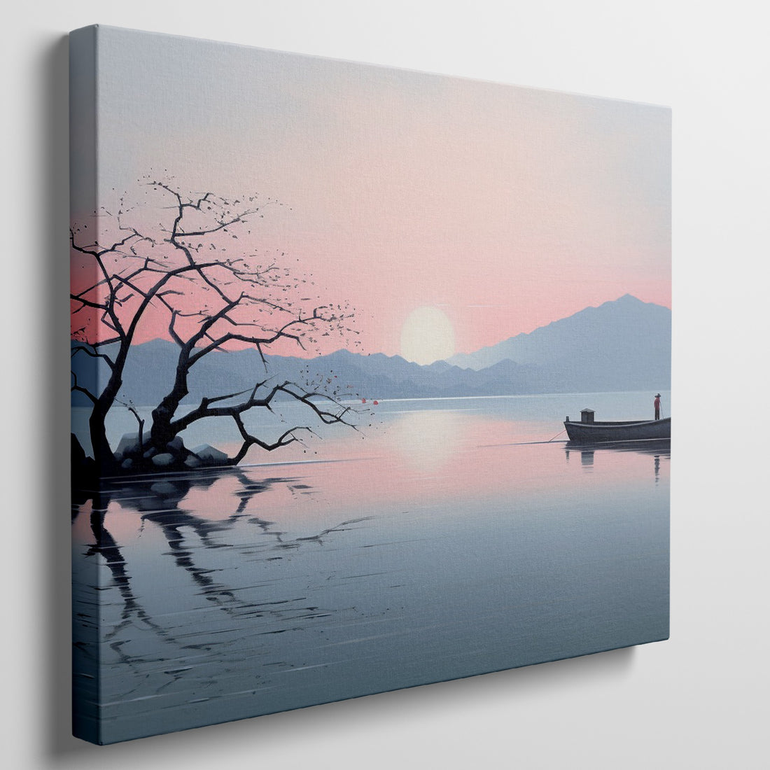 Digital artwork of a peaceful lake scene with a leafless tree and person in a boat, with mountains and a pink sunset in the background.