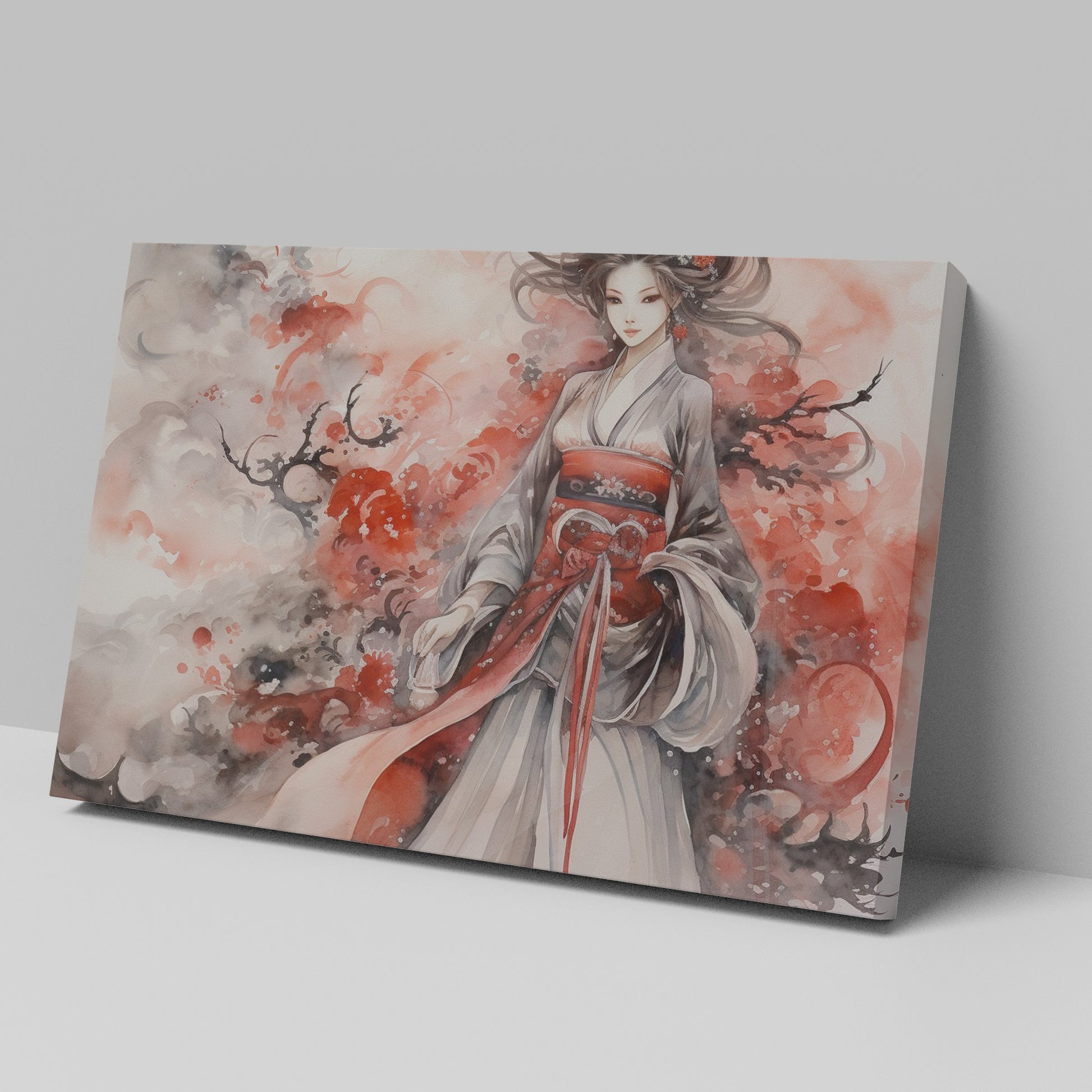 Framed canvas print of a traditional Japanese woman in ethereal watercolour style