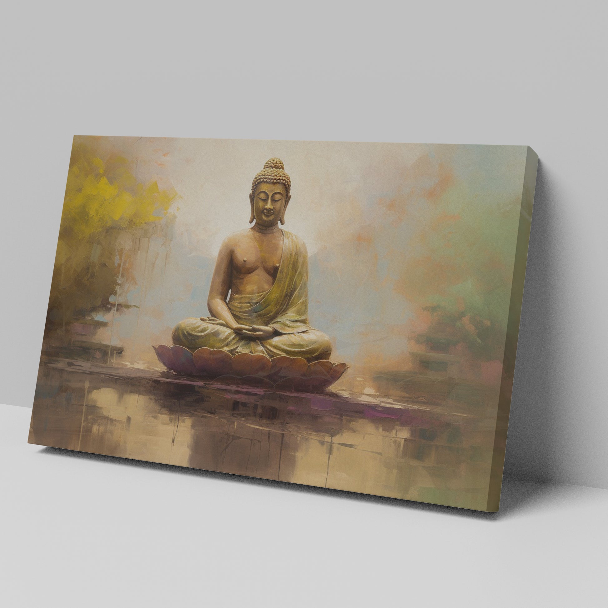 Framed canvas print of serene meditating Buddha in golden hues with reflective background