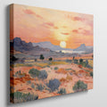 Framed canvas print of an impressionist painting depicting a desert sunset with warm colours