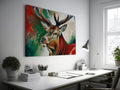 Framed canvas print of a vibrant, abstract impressionistic stag with bold colours and brushstrokes