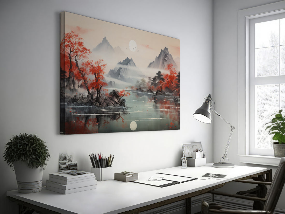 Framed canvas print of oriental landscape with red autumn trees and serene mountain reflections