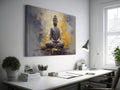 Framed canvas print of a serene Buddha in meditation with abstract warm and cool tones