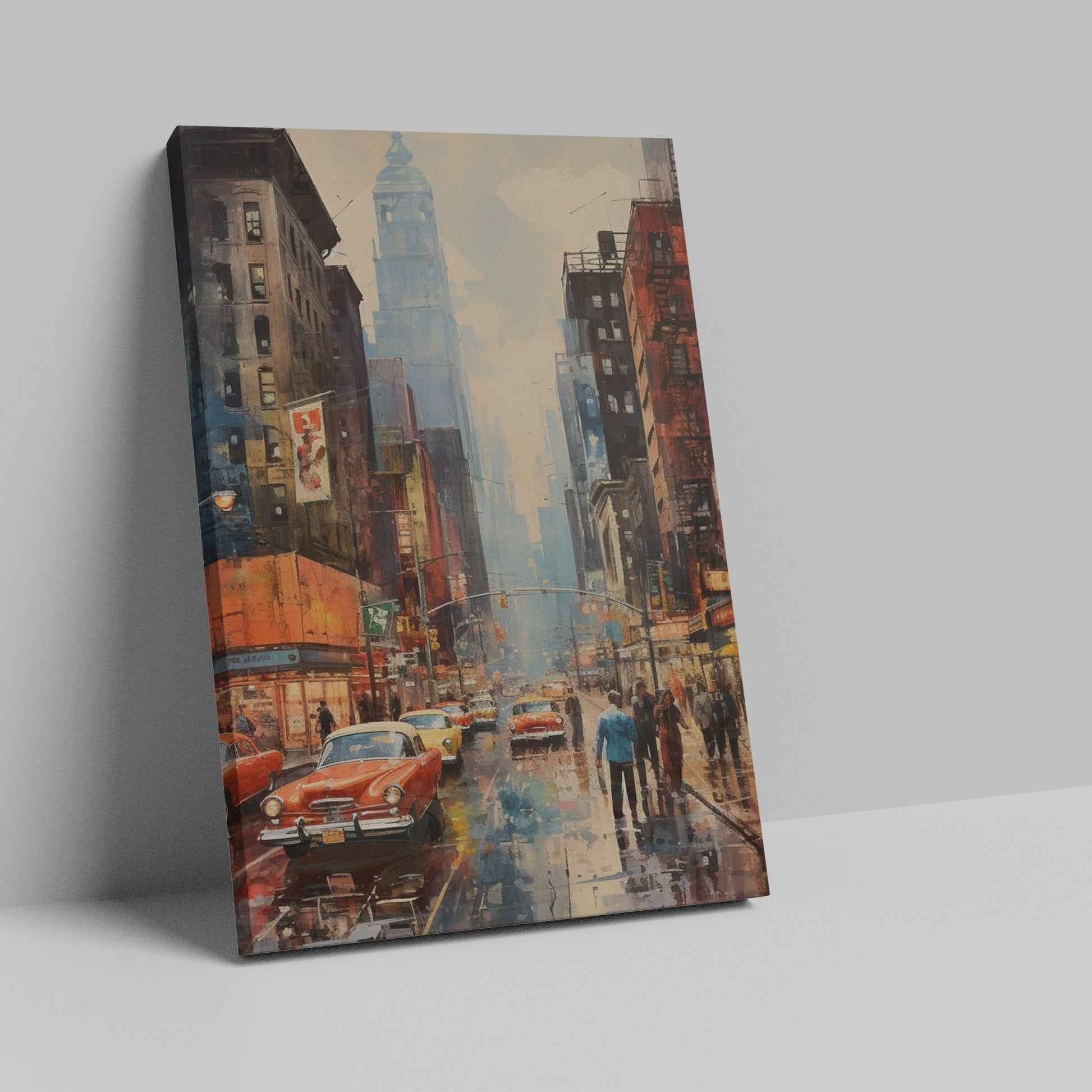 Framed canvas print of a rainy urban cityscape with vintage cars and reflections on the wet street