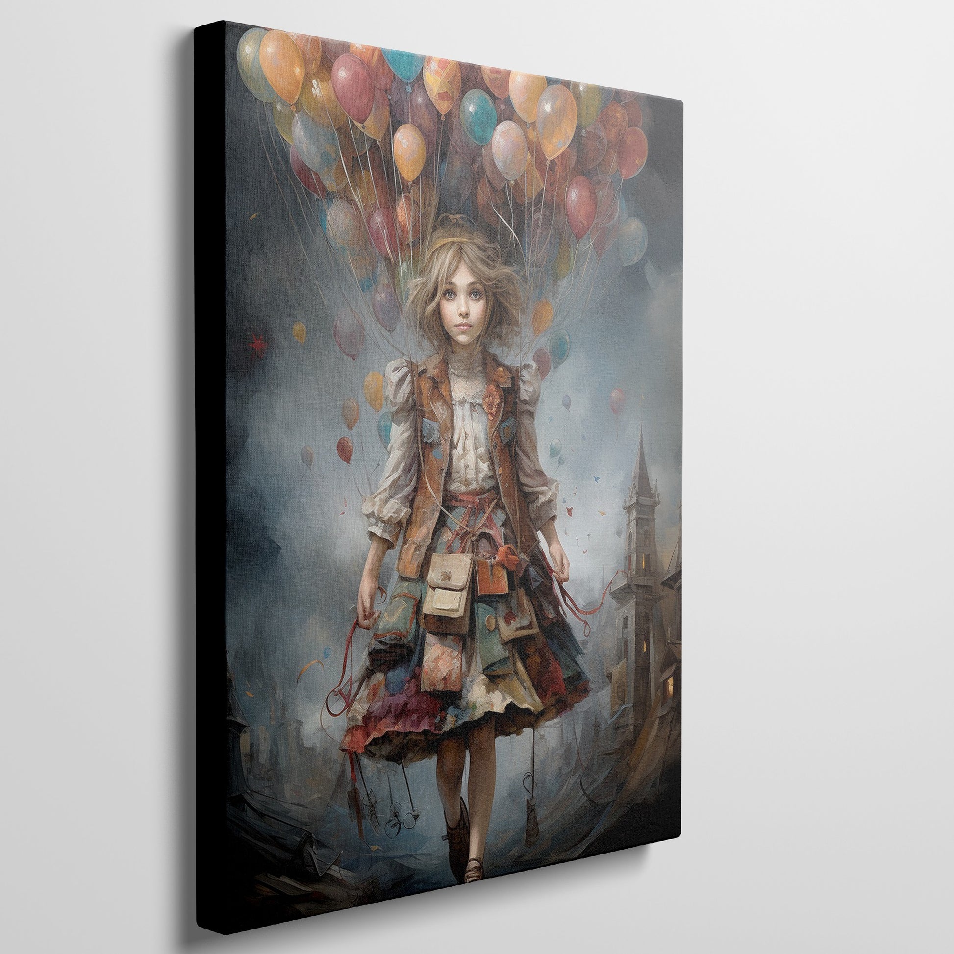 Framed canvas print of a whimsical girl floating with colourful balloons against a mystical city backdrop