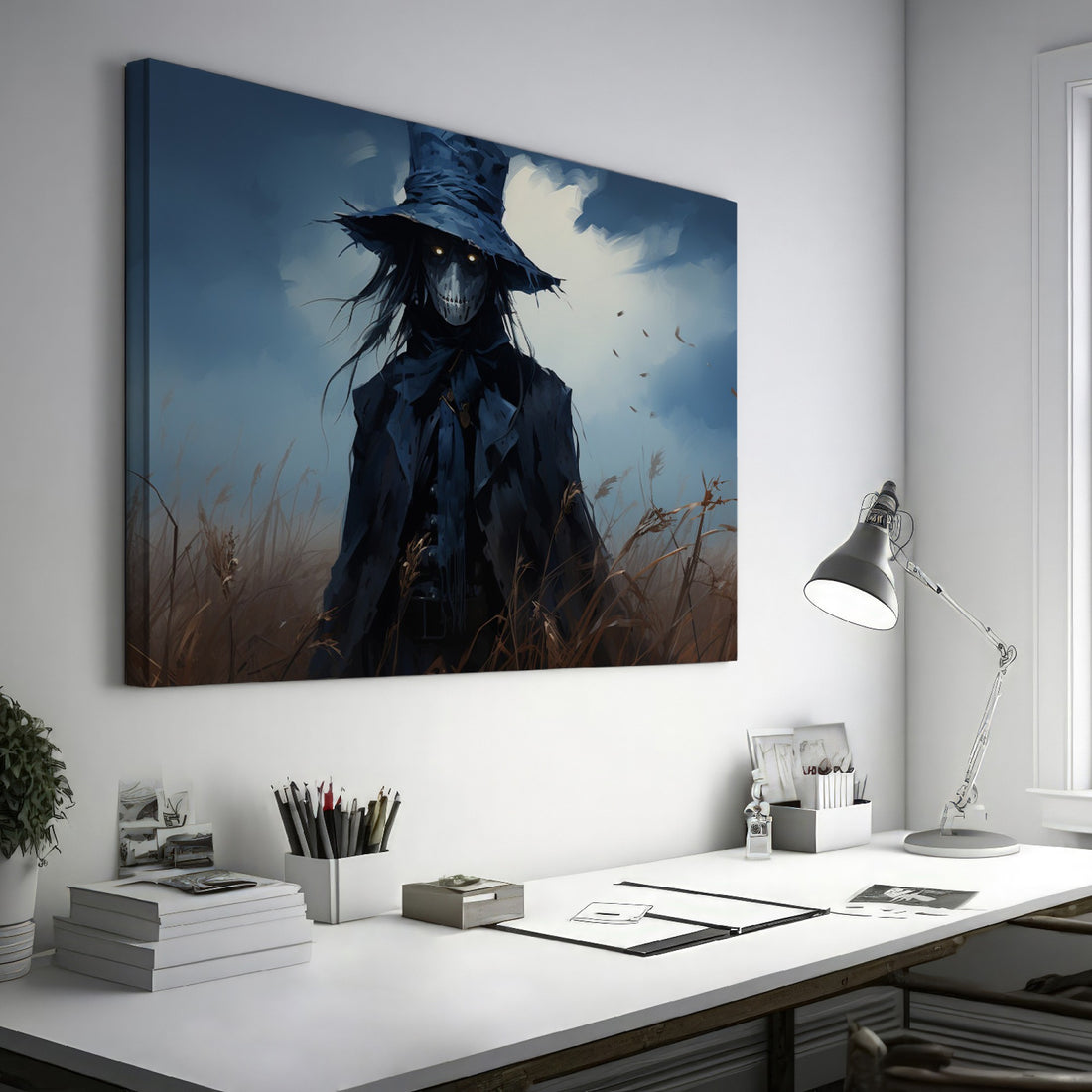 Framed canvas print of a dark fantasy scarecrow in a desolate field, under a brooding sky