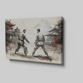 Framed canvas print depicting two karate practitioners in a traditional dojo with red accents