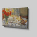 Framed canvas print of a ginger cat sleeping beside vibrant red tulips and yellow daffodils