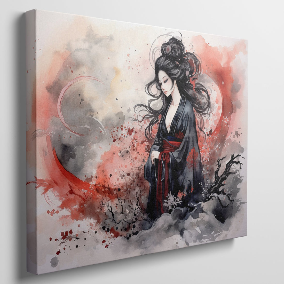 Framed canvas print of a traditional Japanese Geisha in watercolour with a misty backdrop of red and grey