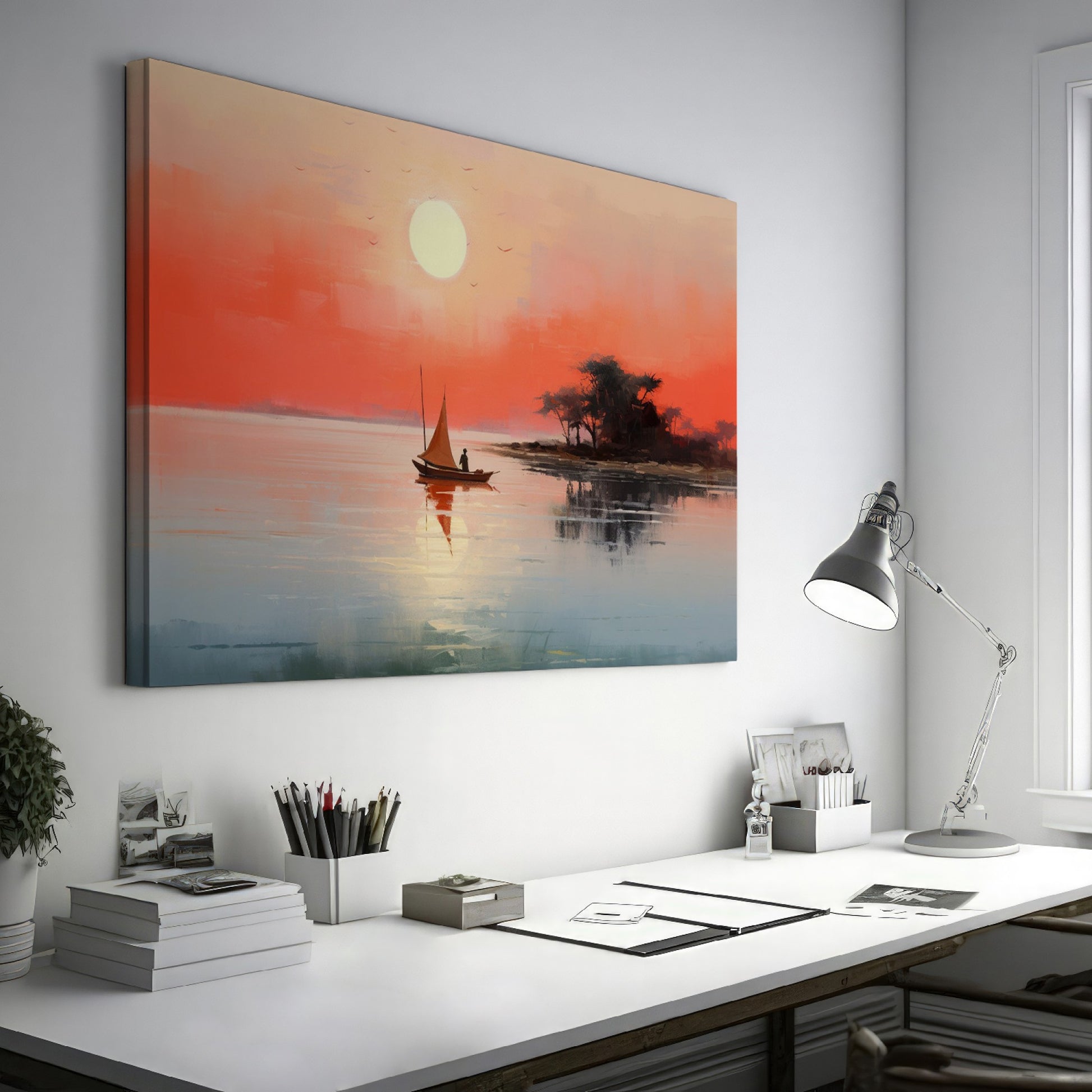 Framed canvas print of a sailboat on calm waters with sunrise and warm hues