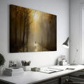 Framed canvas print of a mystical autumn forest with a lone wanderer on a sunlit path