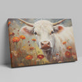 Framed canvas print of realistic cow in a floral setting with warm tones