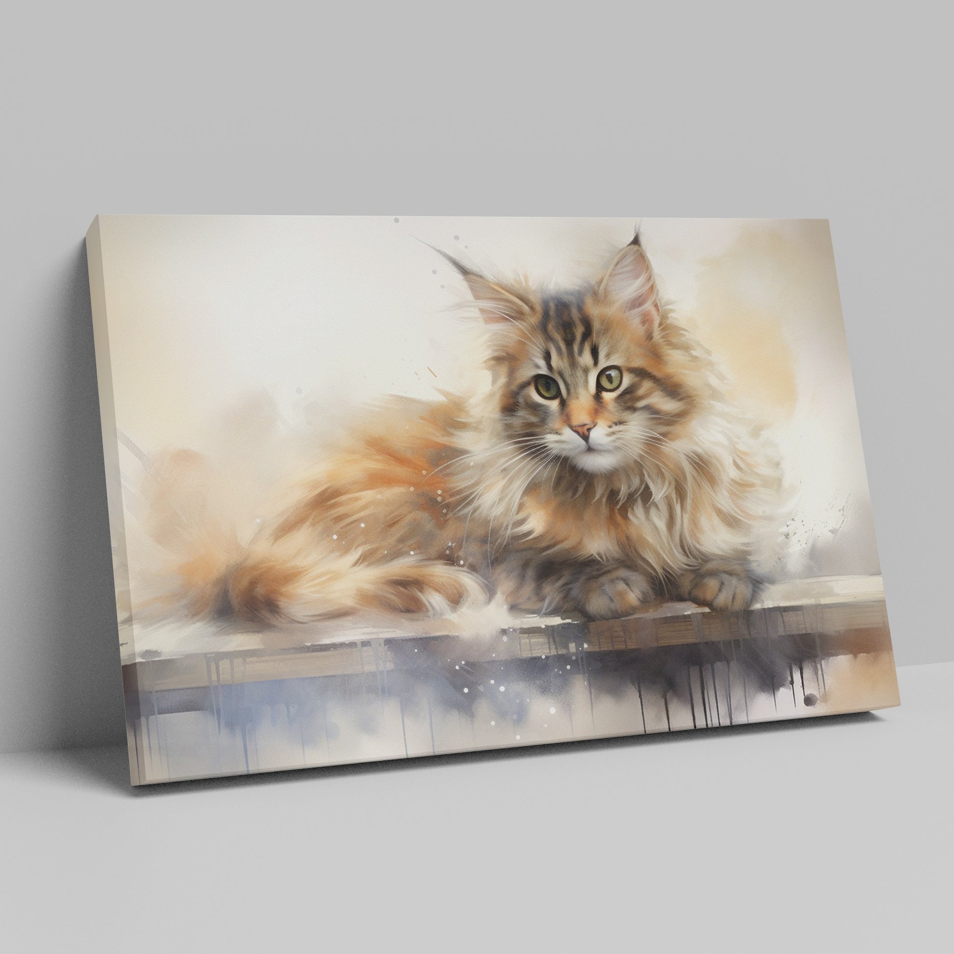 Framed canvas print of a long-haired cat with a watercolor effect in warm tones