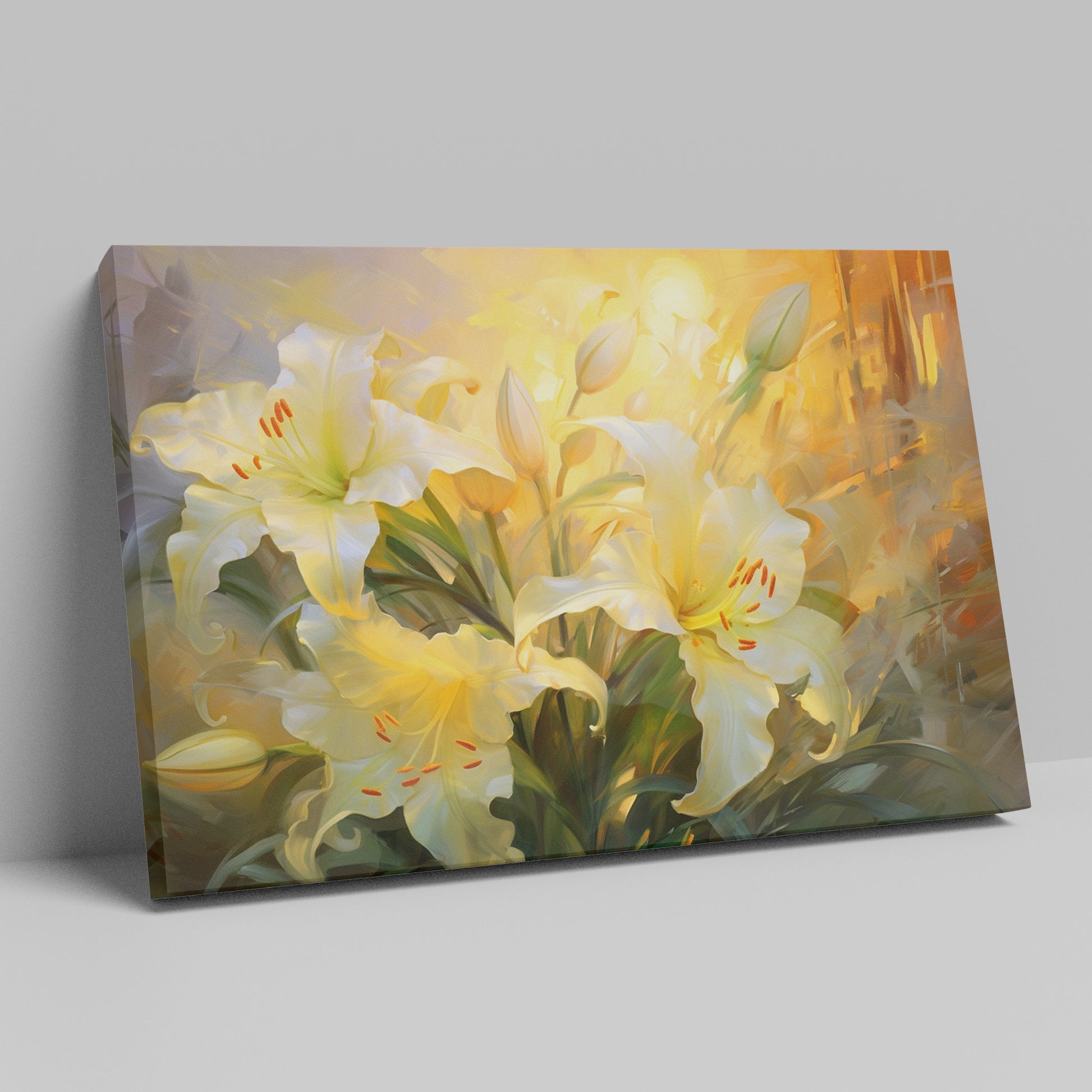 Framed canvas print of impressionist lilies in warm shades of yellow and cream