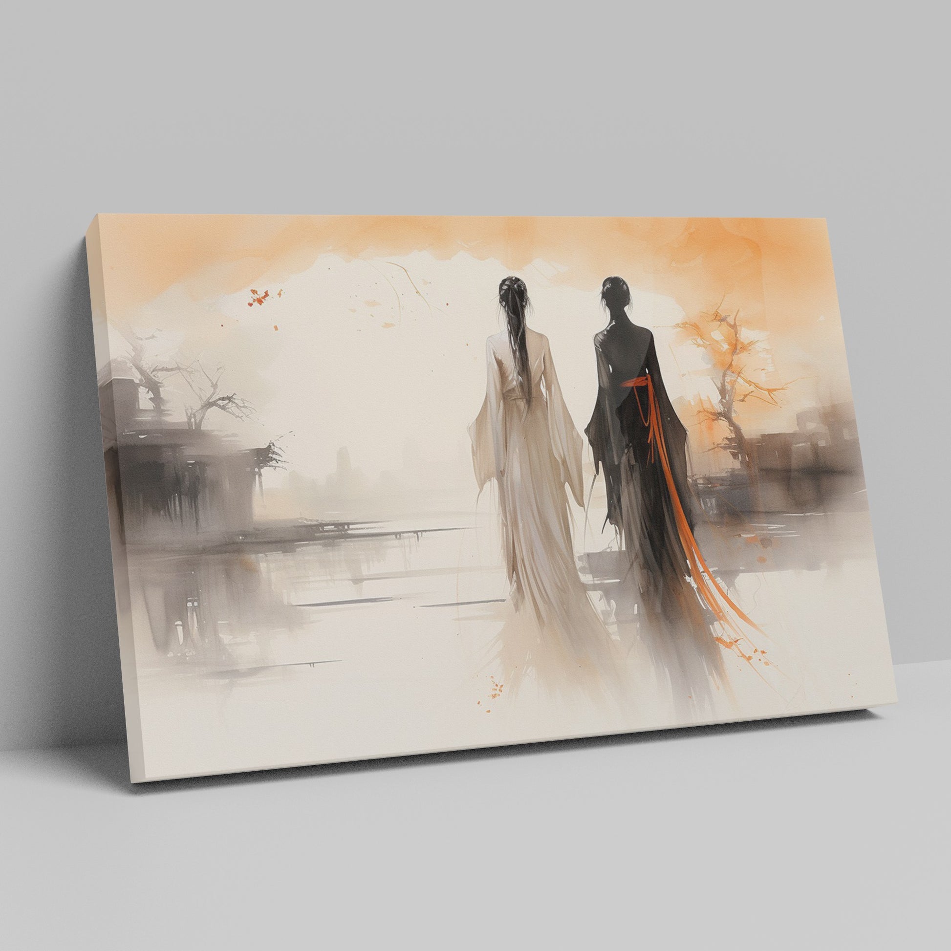 Framed canvas print of silhouette figures in traditional Asian attire with warm sunset backdrop in watercolor style